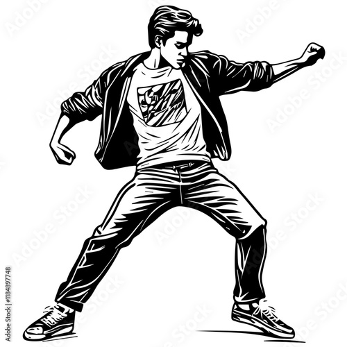 Silhouette of a young Asian man freestyle dancing at a wedding, wearing a stylish modern outfit like a graphic T-shirt, skinny jeans, and sneakers, full-body view from head to toe, solid black