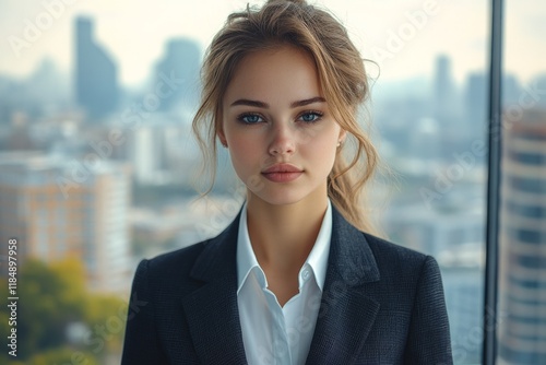 Portrait of a confident businesswoman standing in a modern office, cityscape visible through large windows