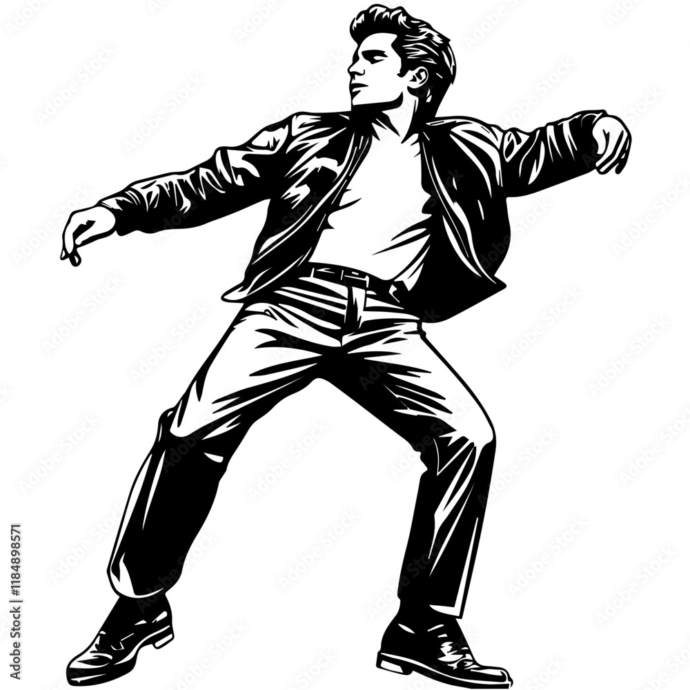 Fototapeta premium Silhouette of a young Asian man freestyle dancing at a wedding, wearing a stylish modern outfit like a graphic T-shirt, skinny jeans, and sneakers, full-body view from head to toe, solid black