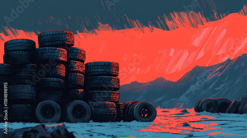 Stacked tires. Firestone. Illustration photo