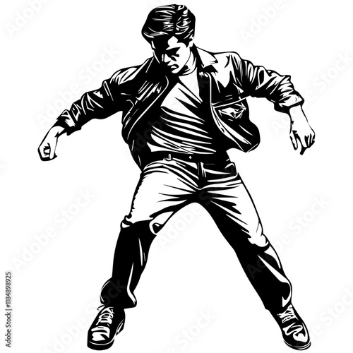 Silhouette of a young Asian man freestyle dancing at a wedding, wearing a stylish modern outfit like a graphic T-shirt, skinny jeans, and sneakers, full-body view from head to toe, solid black