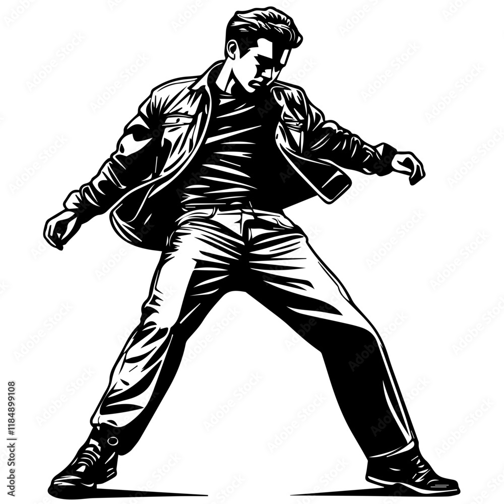 Naklejka premium Silhouette of a young Asian man freestyle dancing at a wedding, wearing a stylish modern outfit like a graphic T-shirt, skinny jeans, and sneakers, full-body view from head to toe, solid black