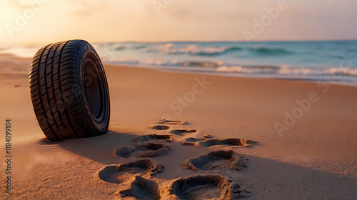 Tire on the sand of a beach with footprints in the sand. Firestone. Illustration