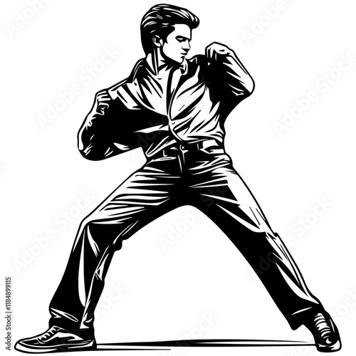 Silhouette of a young Asian man freestyle dancing at a wedding, wearing a stylish modern outfit like a graphic T-shirt, skinny jeans, and sneakers, full-body view from head to toe, solid black