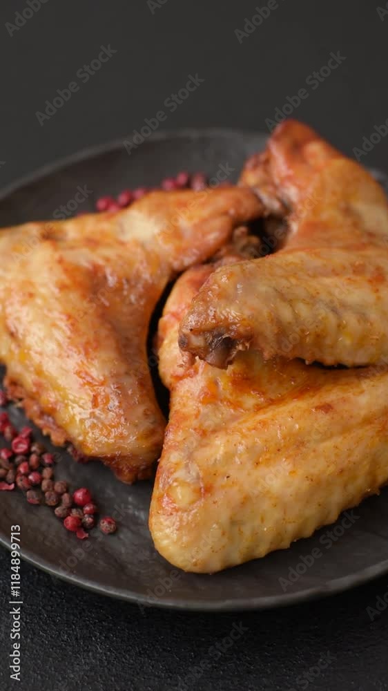 Grilled chicken wings with salt and spices on dark concrete background Grilled chicken wings with salt and spices on dark concrete background