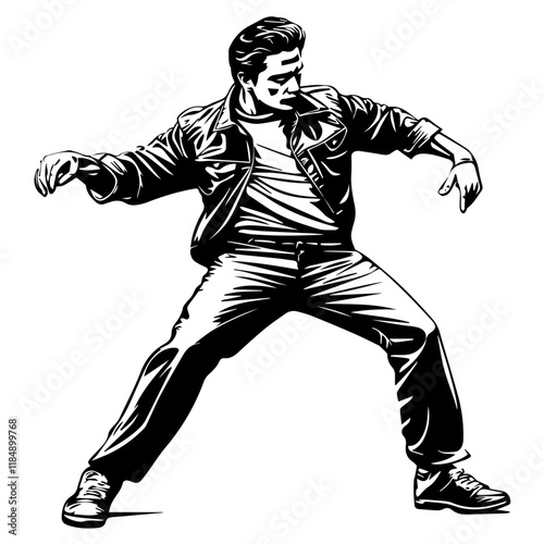 Silhouette of a young Asian man freestyle dancing at a wedding, wearing a stylish modern outfit like a graphic T-shirt, skinny jeans, and sneakers, full-body view from head to toe, solid black