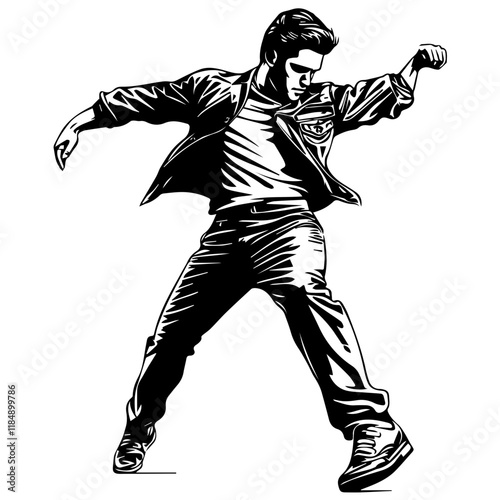Silhouette of a young Asian man freestyle dancing at a wedding, wearing a stylish modern outfit like a graphic T-shirt, skinny jeans, and sneakers, full-body view from head to toe, solid black