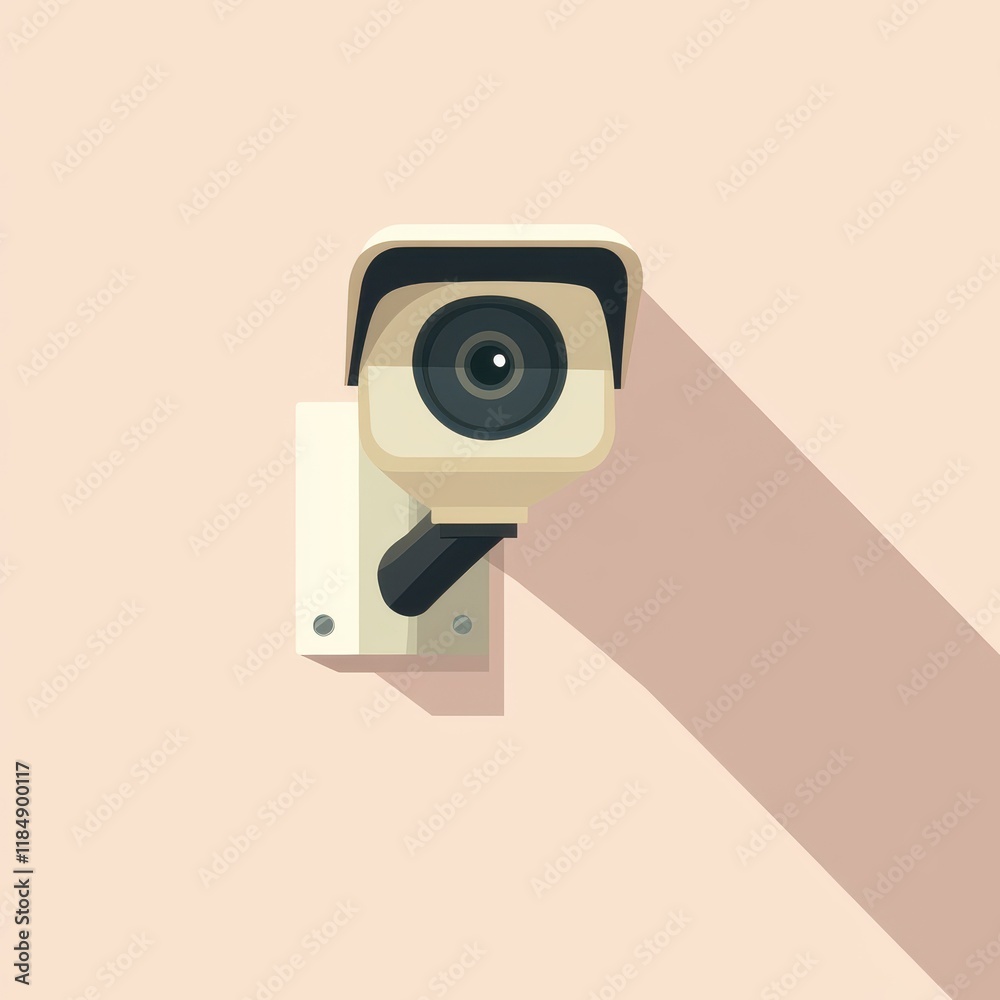 Fototapeta premium A modern security camera illustration mounted on a light wall, featuring a minimalist design and soft shadows.