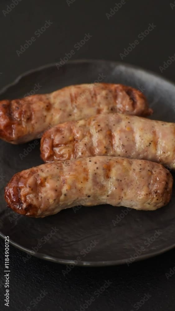 Juicy chicken or pork sausages with salt and spices baked on the grill on a dark concrete background Juicy chicken or pork sausages with salt and spices baked on the grill on a dark concrete background
