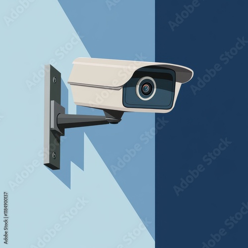 A modern security camera mounted on a blue and light blue wall, symbolizing surveillance technology.