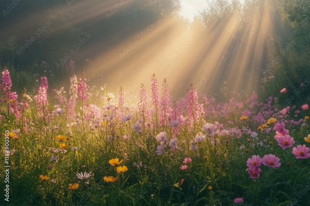 Obraz premium Beautiful wildflowers in a meadow are illuminated by golden sunbeams filtering through the trees at dawn