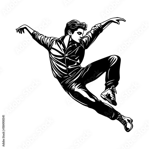 Silhouette of a young Asian man freestyle dancing at a wedding, wearing a stylish modern outfit like a graphic T-shirt, skinny jeans, and sneakers, full-body view from head to toe, solid black