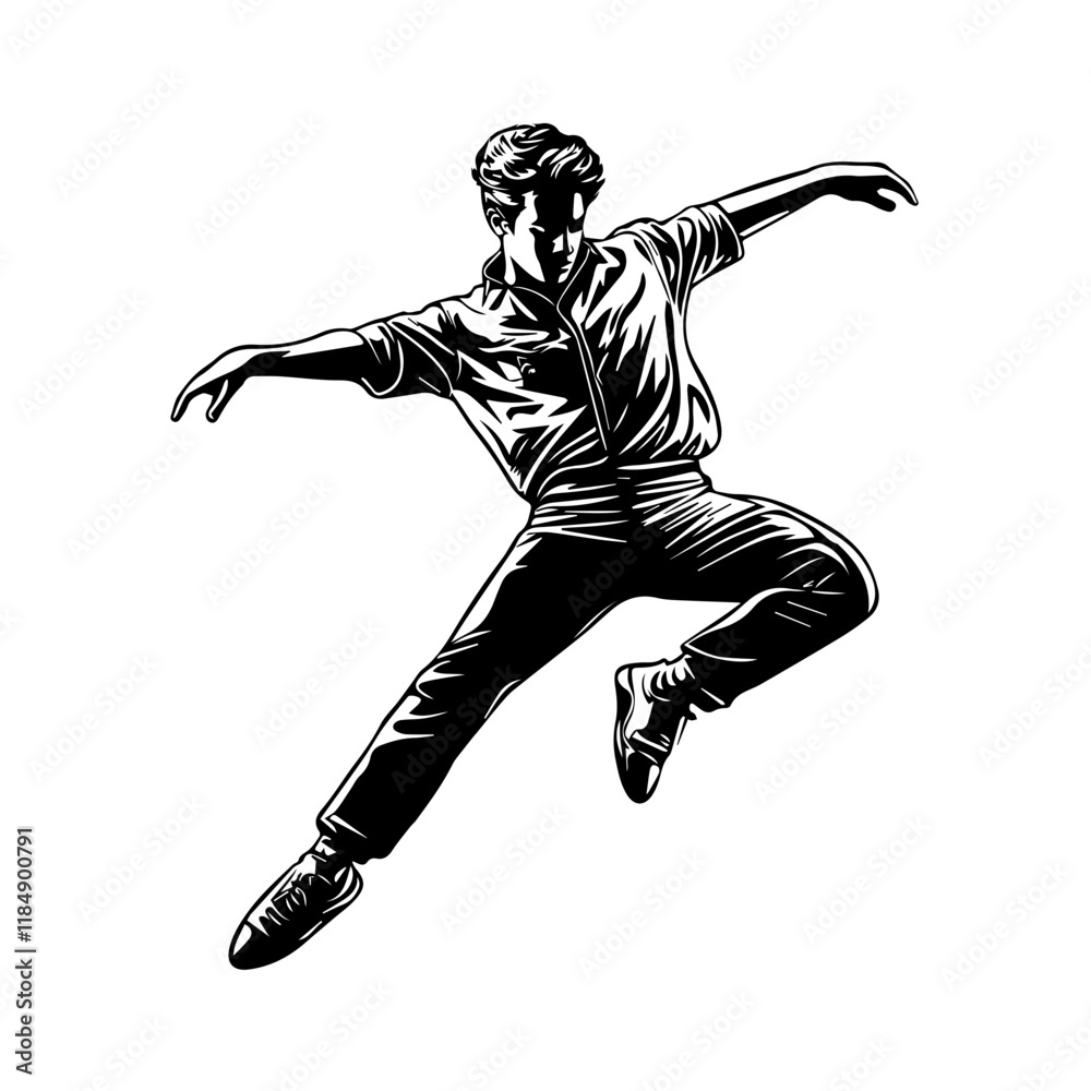 Obraz premium Silhouette of a young Asian man freestyle dancing at a wedding, wearing a stylish modern outfit like a graphic T-shirt, skinny jeans, and sneakers, full-body view from head to toe, solid black