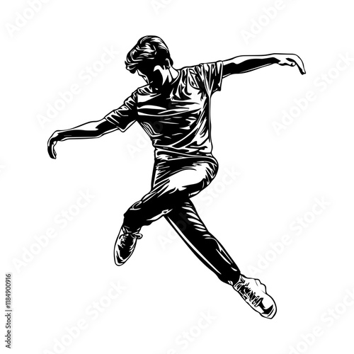 Silhouette of a young Asian man freestyle dancing at a wedding, wearing a stylish modern outfit like a graphic T-shirt, skinny jeans, and sneakers, full-body view from head to toe, solid black