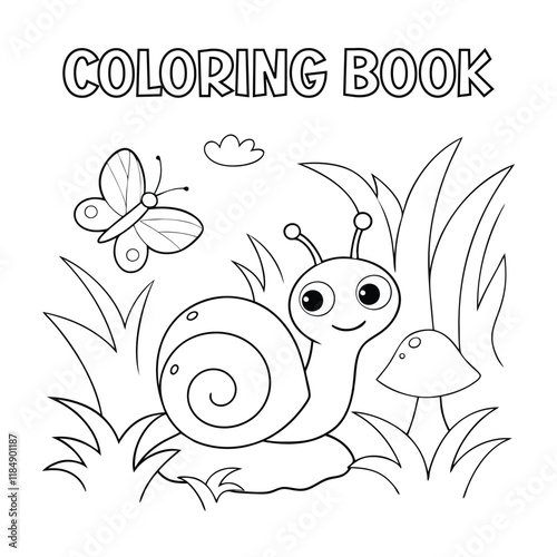 A cute snail sitting on a rock with a butterfly resting nearby for kids coloring book.