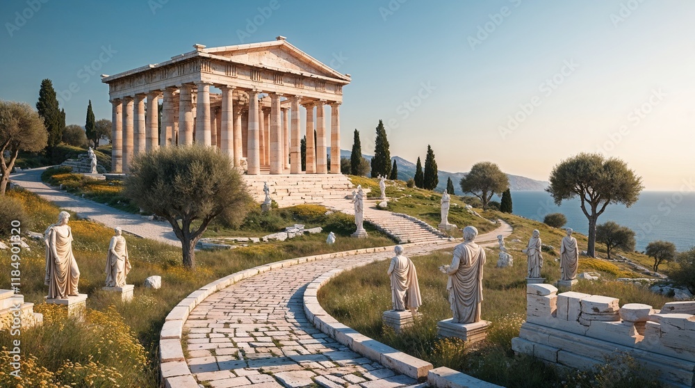 Obraz premium Ancient Roman ruins and statues lining a historic road.
