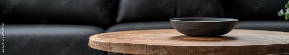 Modern wooden coffee table with decorative bowl and black sofa backdrop Modern wooden coffee table with decorative bowl and black sofa backdrop