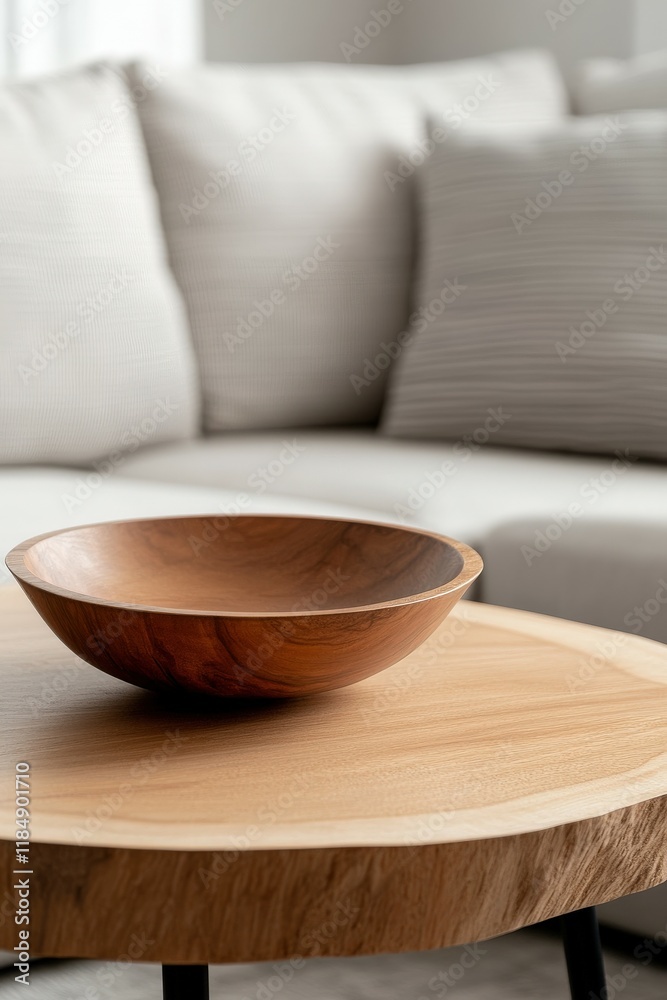 Wooden bowl on a coffee table in a modern living room setting Wooden bowl on a coffee table in a modern living room setting