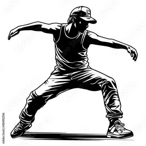 Silhouette of a young Asian man freestyle dancing at a wedding, wearing a stylish modern outfit like a graphic T-shirt, skinny jeans, and sneakers, full-body view from head to toe, solid black
