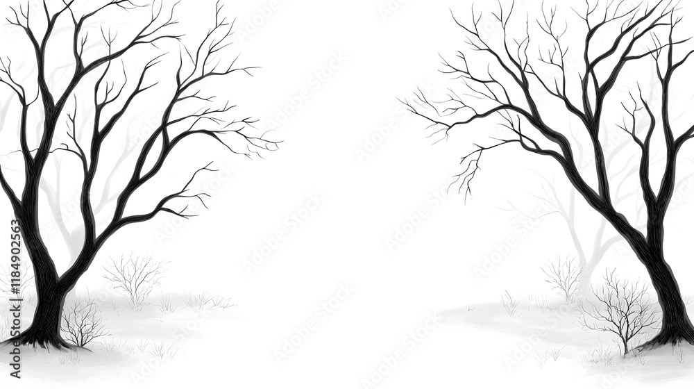 Obraz premium Two barren trees stand in a minimalist landscape, their branches reaching out against a white background, evoking a sense of solitude and stillness.