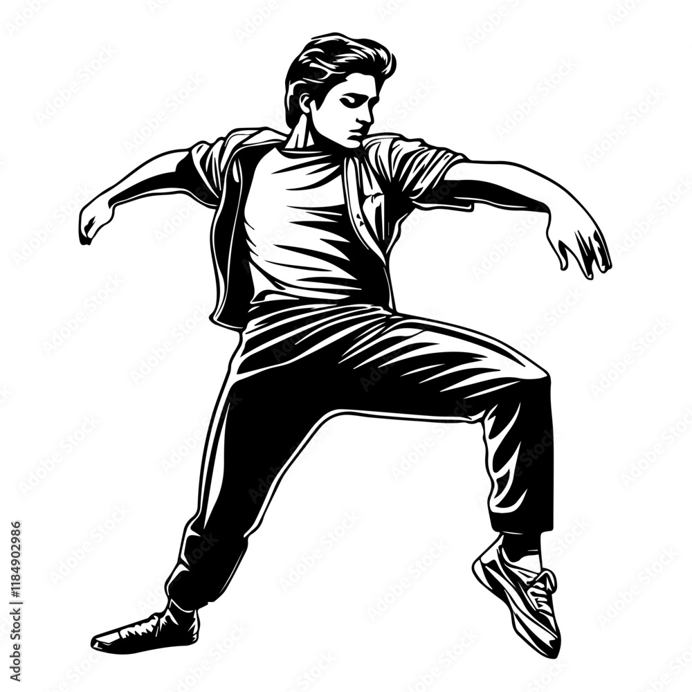 Fototapeta premium Silhouette of a young Asian man freestyle dancing at a wedding, wearing a stylish modern outfit like a graphic T-shirt, skinny jeans, and sneakers, full-body view from head to toe, solid black