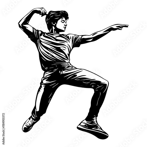 Silhouette of a young Asian man freestyle dancing at a wedding, wearing a stylish modern outfit like a graphic T-shirt, skinny jeans, and sneakers, full-body view from head to toe, solid black