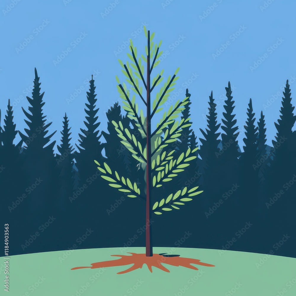 Obraz premium A stylized illustration of a green tree standing tall against a dark forest backdrop.
