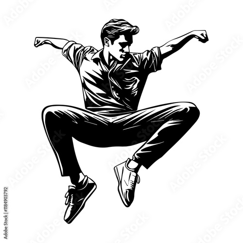 Silhouette of a young Asian man freestyle dancing at a wedding, wearing a stylish modern outfit like a graphic T-shirt, skinny jeans, and sneakers, full-body view from head to toe, solid black