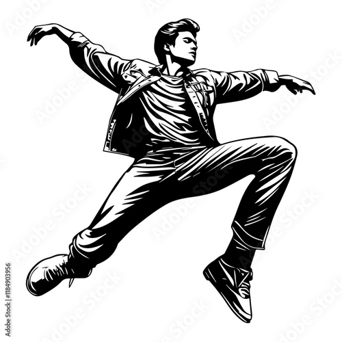 Silhouette of a young Asian man freestyle dancing at a wedding, wearing a stylish modern outfit like a graphic T-shirt, skinny jeans, and sneakers, full-body view from head to toe, solid black