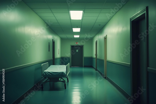 Empty Horror Hospital Scene with Dilapidated Hallway and Hospital Bed