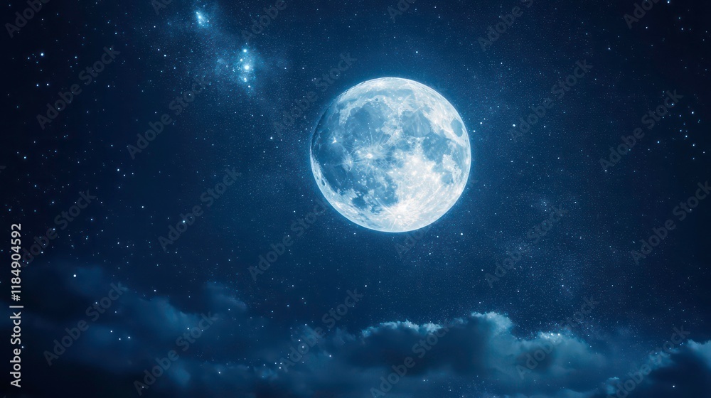 Fototapeta premium Full moon shining brightly in the night sky with stars and clouds.