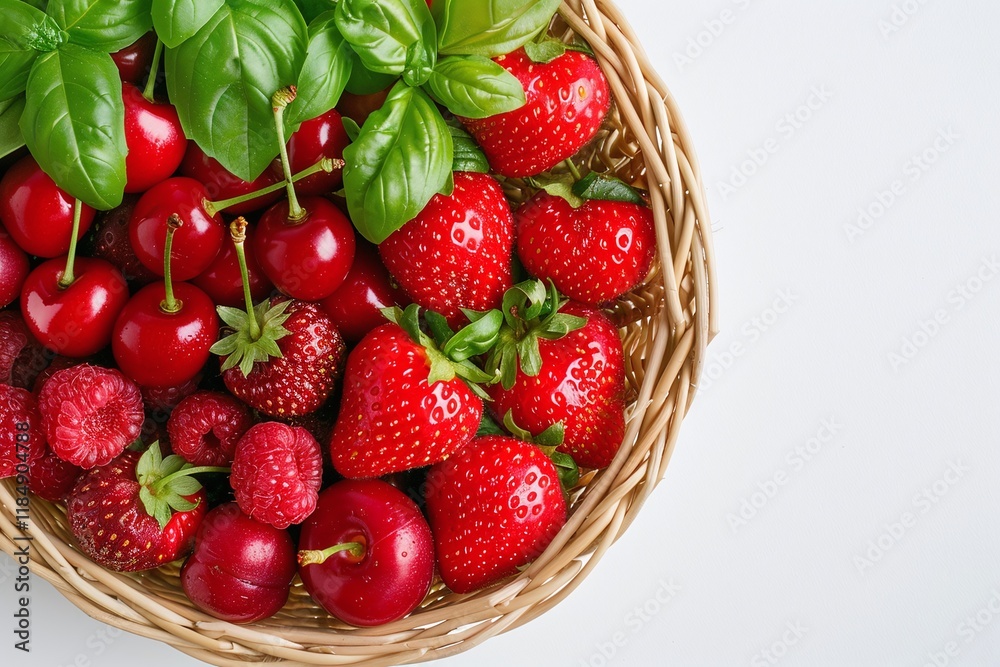 Wicker basket with fresh cherries and strawberries, green basil leaves, top view on white background, minimalistic berry composition, healthy eating and summer fruits concept
Wicker basket with fresh cherries and strawberries, green basil leaves, top view on white background, minimalistic berry composition, healthy eating and summer fruits concept