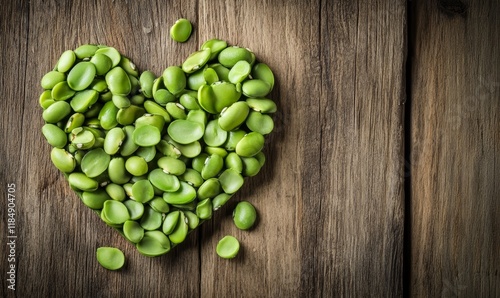 A beautiful arrangement of green fava beans in a heart shape on a wooden table with a rustic background, earthy tones, cozy atmosphere