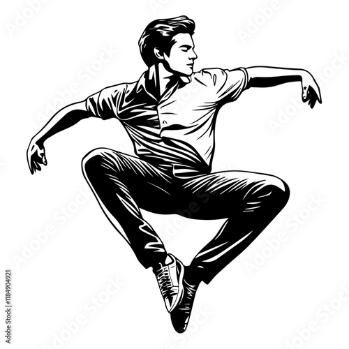 Silhouette of a young Asian man freestyle dancing at a wedding, wearing a stylish modern outfit like a graphic T-shirt, skinny jeans, and sneakers, full-body view from head to toe, solid black