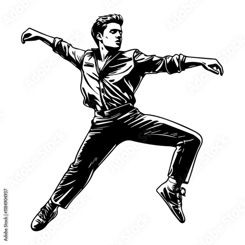 Silhouette of a young Asian man freestyle dancing at a wedding, wearing a stylish modern outfit like a graphic T-shirt, skinny jeans, and sneakers, full-body view from head to toe, solid black