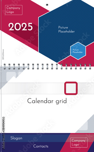 Standard quarterly wall calendar on spring template and mockup with red plastic date pointer window. Three blocks of header, calendar and footer. Vector illustration