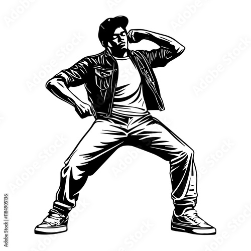 Silhouette of a young Asian man freestyle dancing at a wedding, wearing a stylish modern outfit like a graphic T-shirt, skinny jeans, and sneakers, full-body view from head to toe, solid black