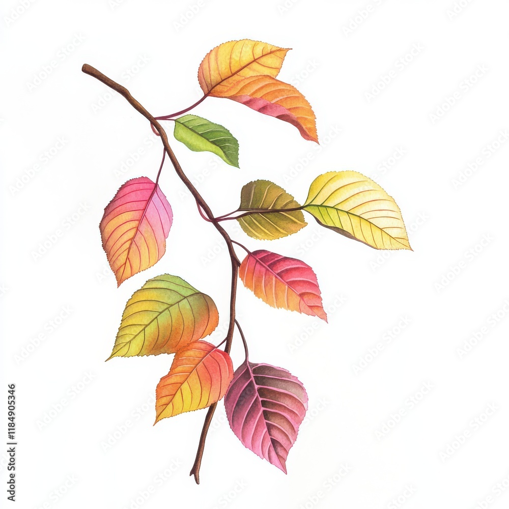 Fototapeta premium A vibrant branch of autumn leaves showcasing a blend of warm colors against a clean white background.