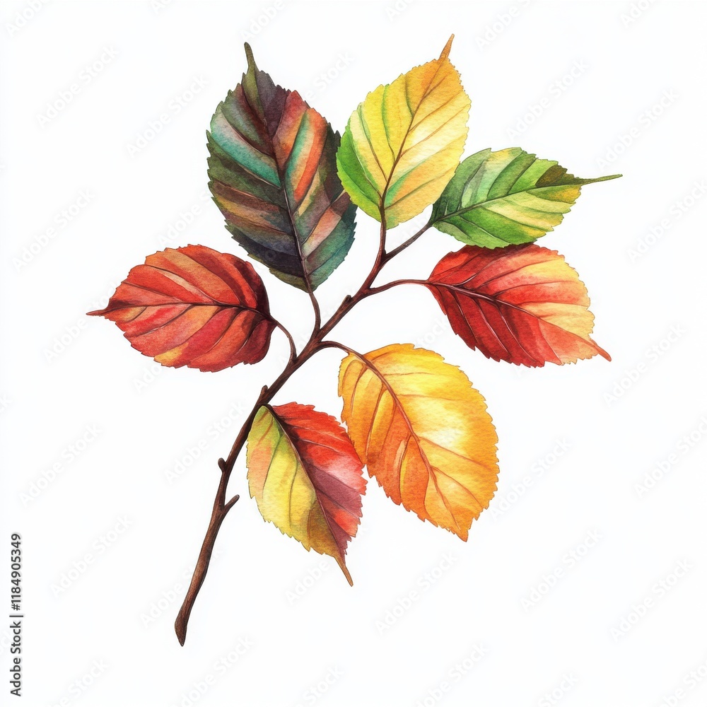 Fototapeta premium A vibrant, hand-painted watercolor branch featuring green, yellow, and red autumn leaves.