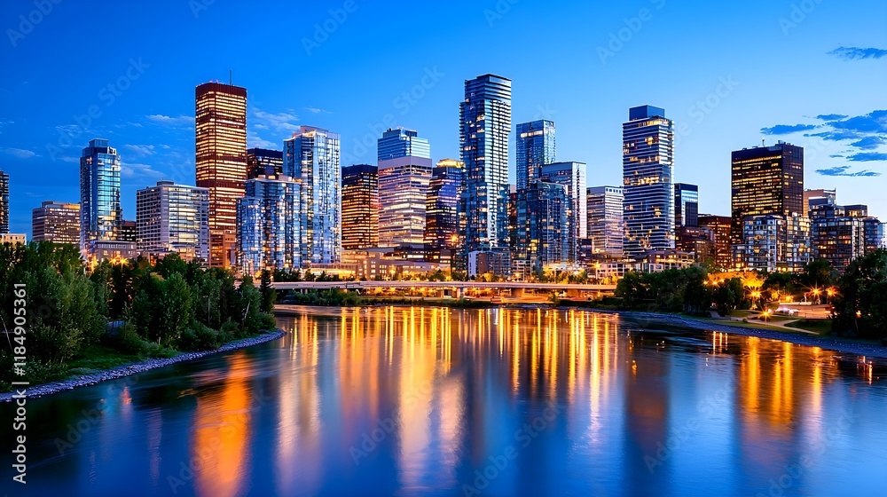 Naklejka premium A vibrant city skyline illuminated at dusk, reflecting in a calm river, showcasing modern architecture and a lively atmosphere.