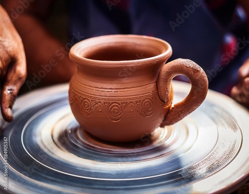 ceramics a ceramic product made with their own hands on a potter s wheel a mug photo