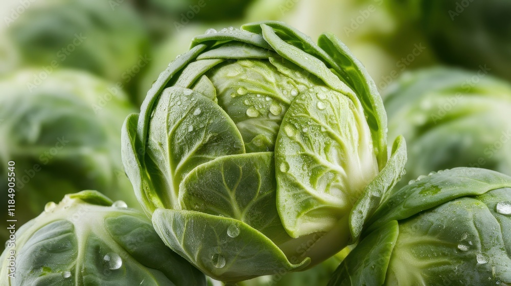 Fototapeta premium Fresh green Brussels sprouts with dew droplets, showcasing their natural beauty and texture.