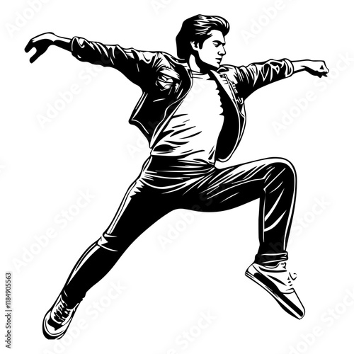 Silhouette of a young Asian man freestyle dancing at a wedding, wearing a stylish modern outfit like a graphic T-shirt, skinny jeans, and sneakers, full-body view from head to toe, solid black