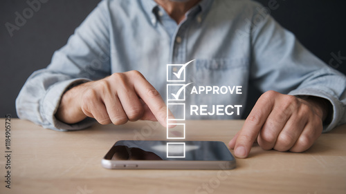 Businessman using smartphone to mark approved checkbox for quality document and project approval process photo