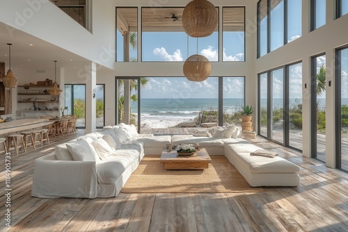 traditional coastal beach house interior with weathered wood floors seainspired decor and floortolength windows overlooking ocean panorama photo