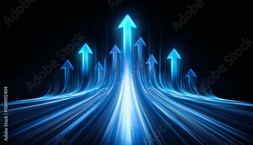 up blue light arrows and speed lines on black background copy space composition growth competition technology concept photo