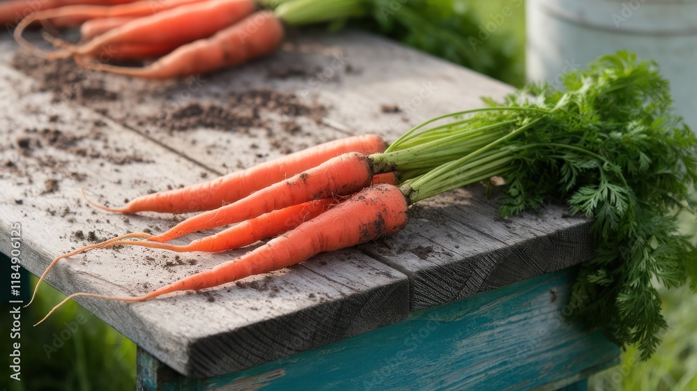 Freshly harvested orange carrots with green tops resting on a rustic wooden table, showcasing the earthy connection to organic farming. Freshly harvested orange carrots with green tops resting on a rustic wooden table, showcasing the earthy connection to organic farming.