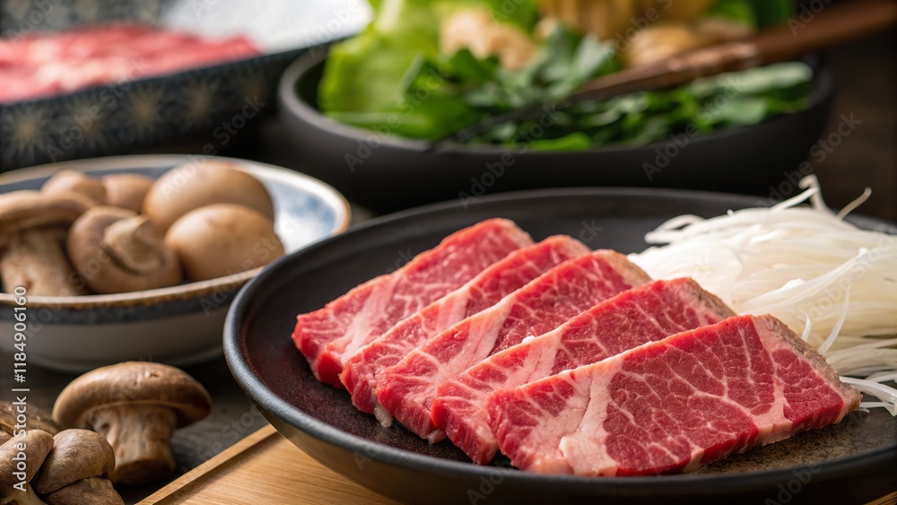 Delicious beef slices for sukiyaki prepared with fresh vegetables and mushrooms in a cozy setting Delicious beef slices for sukiyaki prepared with fresh vegetables and mushrooms in a cozy setting