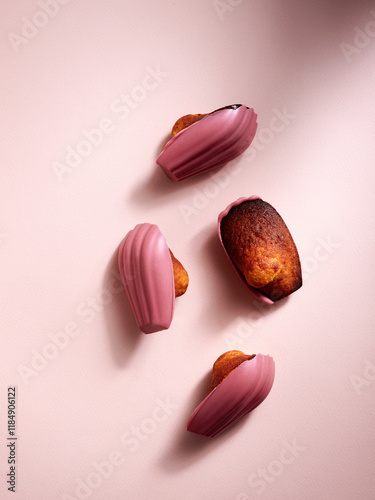 Delicious and Aesthetic Dessert Featuring Beautifully Composed Madeleines on a Soft Pink Background photo