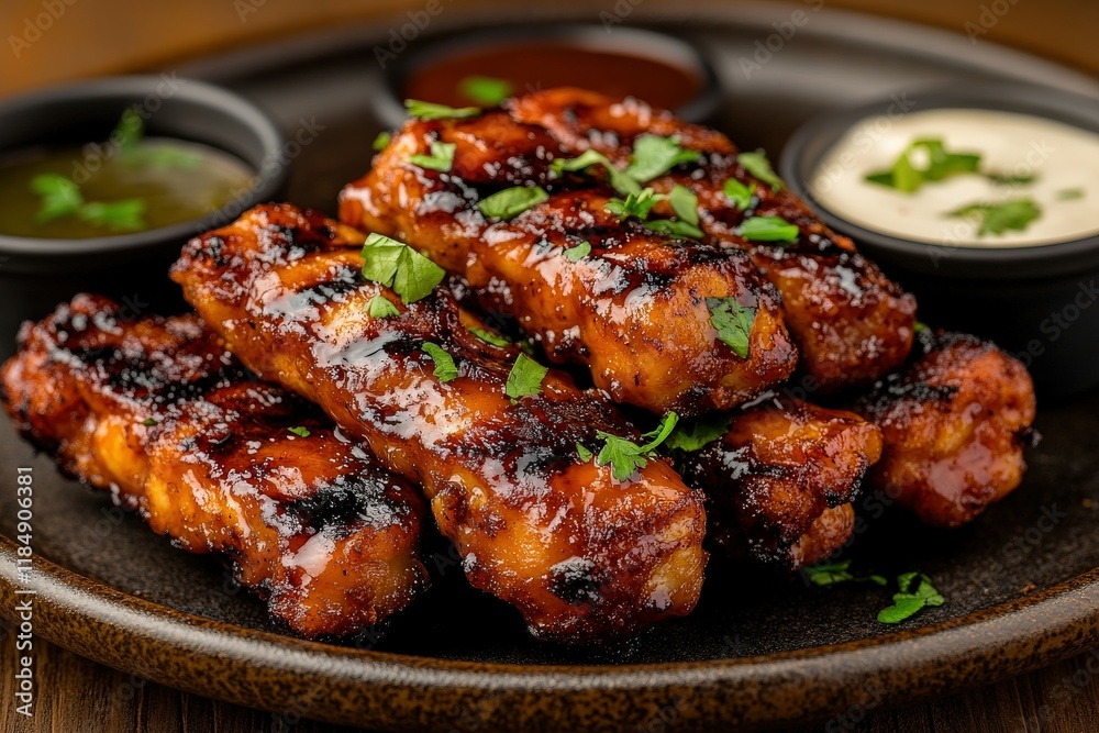 Savory grilled chicken wings with flavorful sauces and herbs Savory grilled chicken wings with flavorful sauces and herbs